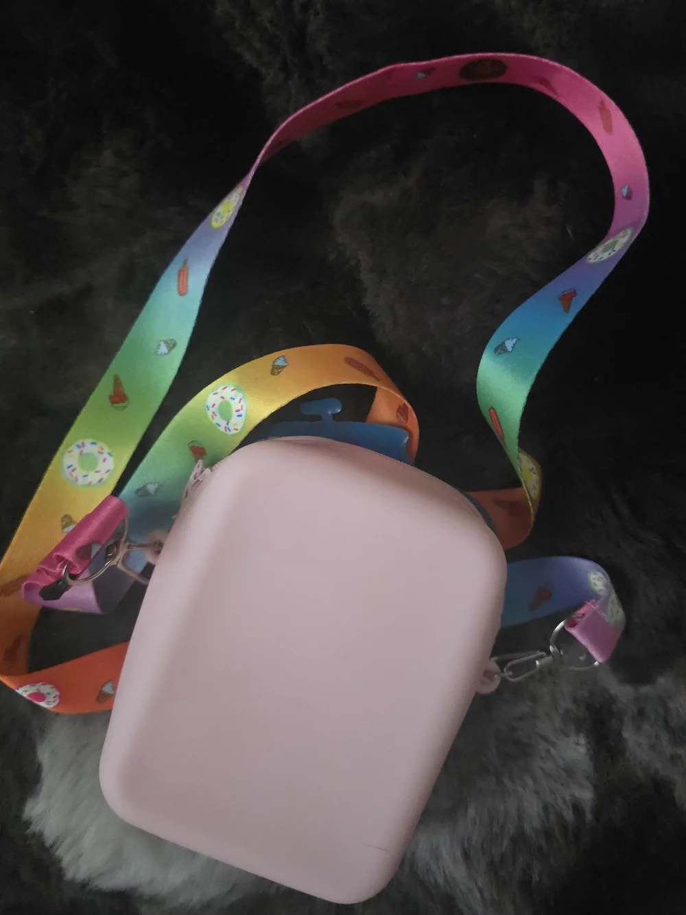 Kids Pink Crossbody Bag with Rainbow Snack Print Strap